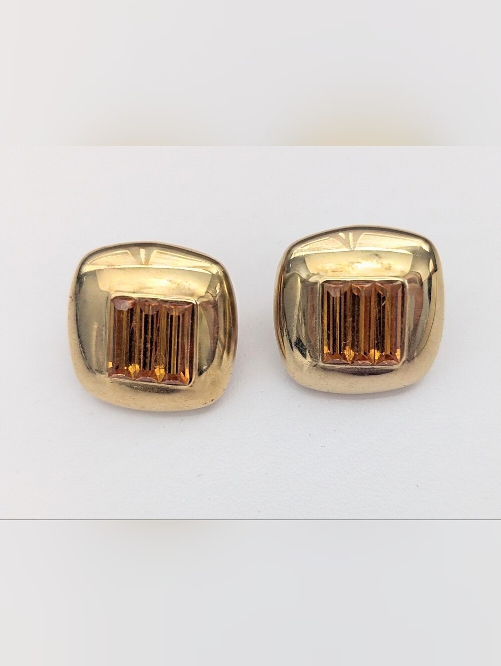 Gold-Tone Square Pierced Earrings with Amber/Orange Colored Centre